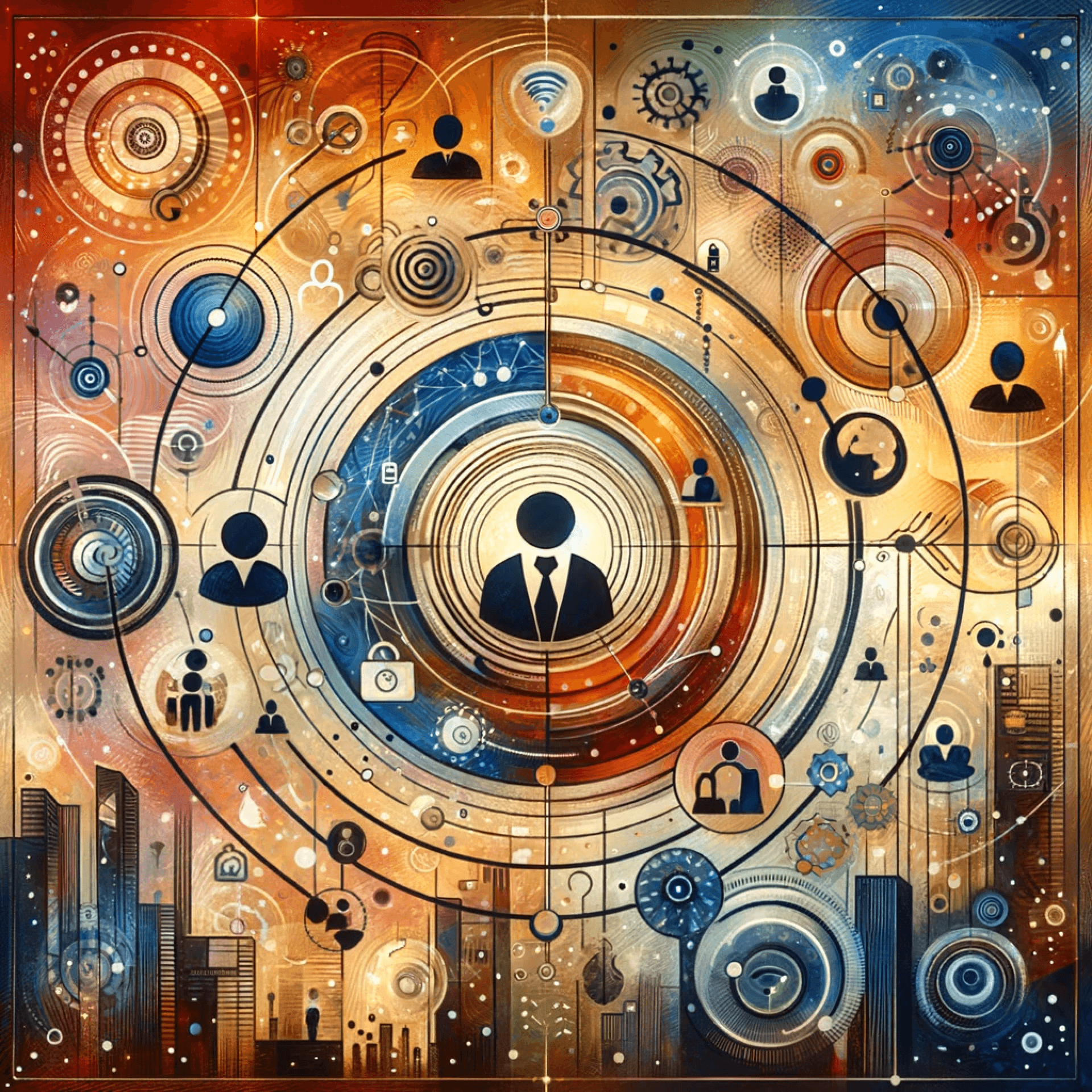 abstract image that embodies a client-centric philosophy in a corporate setting. Business world orbiting around the customer, with visual elements like concentric circles, interconnected networks, and figures with open postures representing attentiveness and service. Motifs include handshakes, dialogue bubbles, and feedback loops depicting strong client relationships and communication. The color palette is warm and inviting, with tones suggesting trust, reliability, and a welcoming atmosphere. This image conveying the importance of the client the SMB ecosystem, illustrates our dedication to customer satisfaction and bespoke experiences.