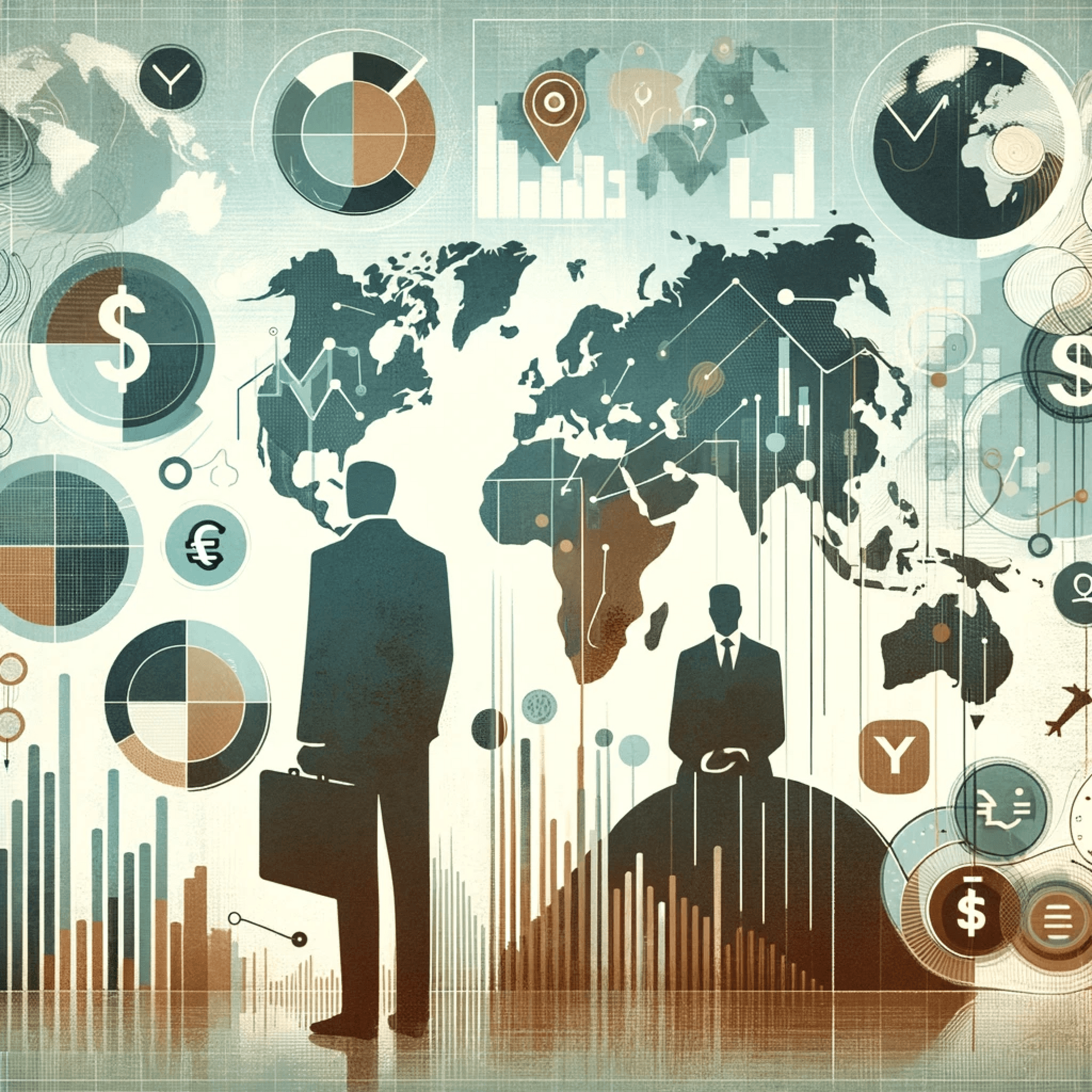 Market analysis for business case studies. Visual elements include global maps, demographic icons, and currency symbols, representing market reach and consumer diversity. Style is sophisticated with a color palette of muted, professional tones. Abstract figures are depicted analyzing data and engaging in strategic planning, symbolizing a collaborative approach to understanding market dynamics.