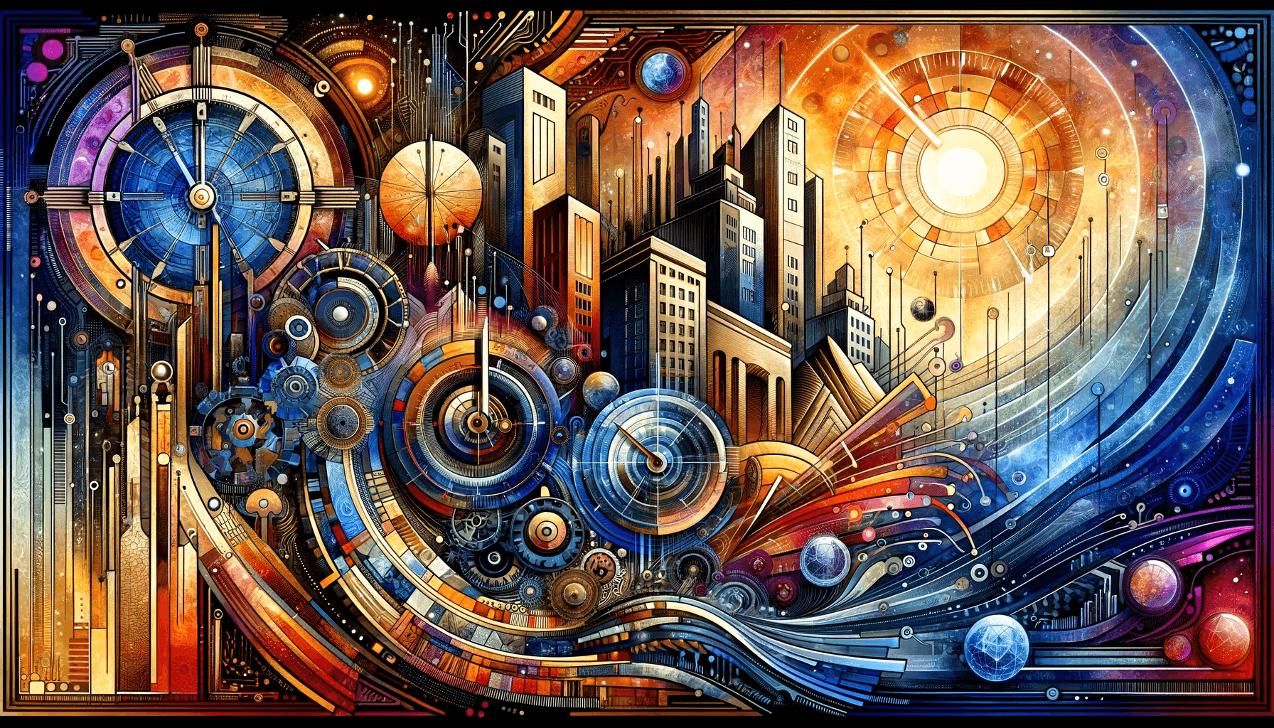  Abstract artwork that embodies the concept of a company's historical progression. The visual incorporates a rich tapestry of temporal and architectural symbolism, depicting an evolution of time-keeping devices from sundials to digital clocks and a progression of business structures from tepees to modern skyscrapers.